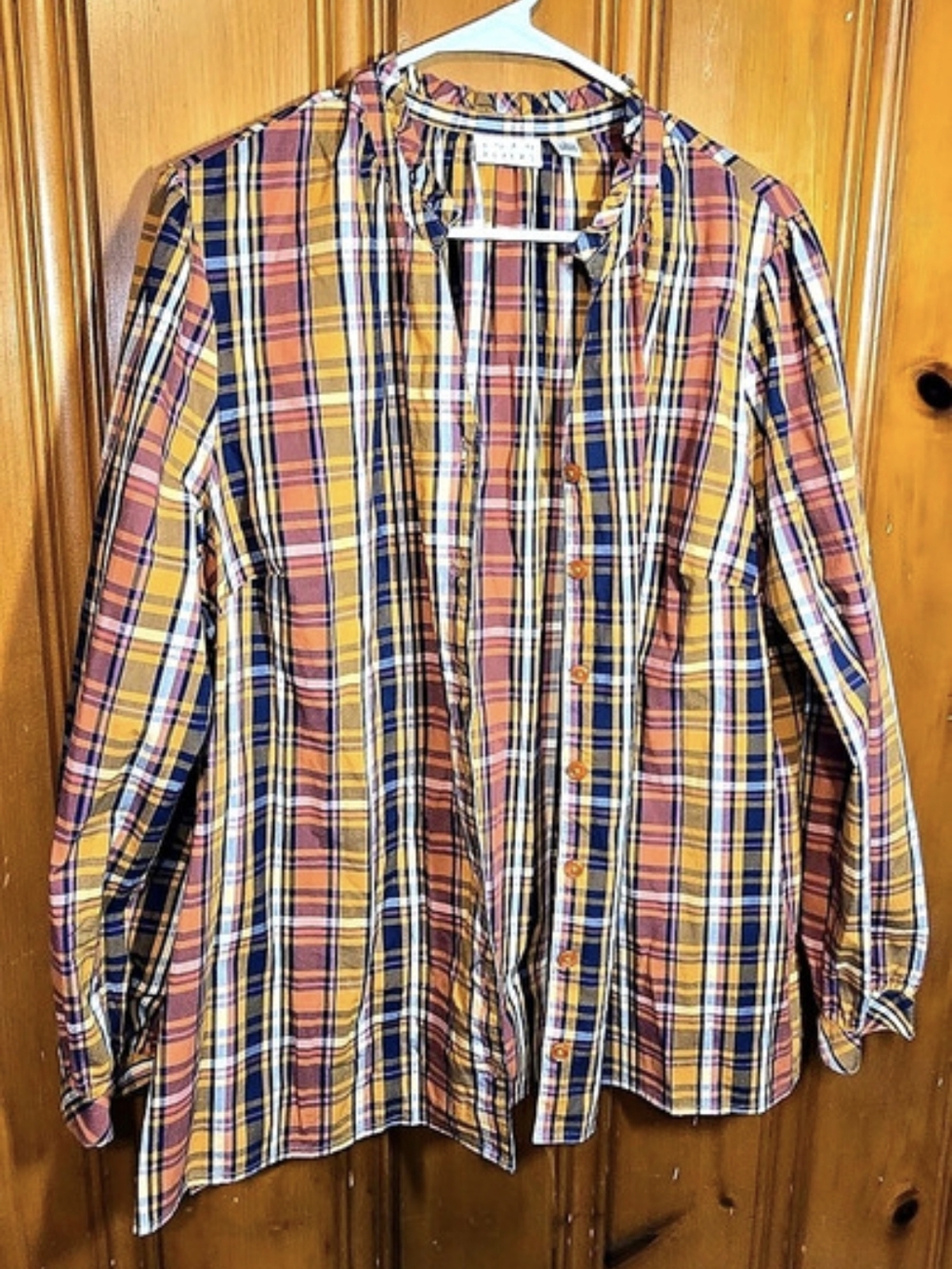 Joan Rivers Plaid Button Front Blouse with Ruffle Detail